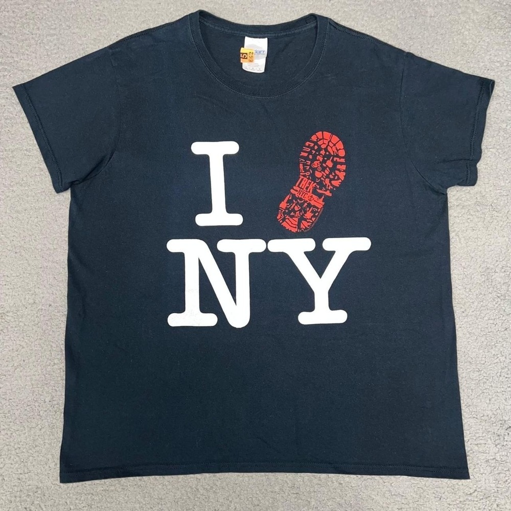 I‎ Love New York T Shirt Men's Sz L Black Trek NYC Red Hiking Boot Footprint Tee
